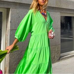 Zara Tiered Poplin Maxi Dress Lime Green Size  XS